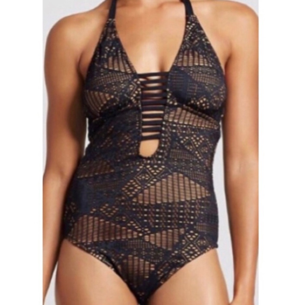 Mossimo Black Crochet One Piece Swimsuit